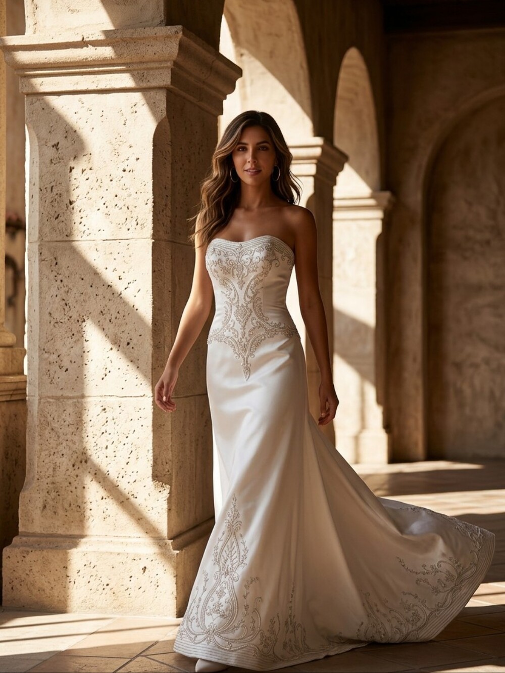 Strapless Ivory Embroidered Satin Wedding Gown